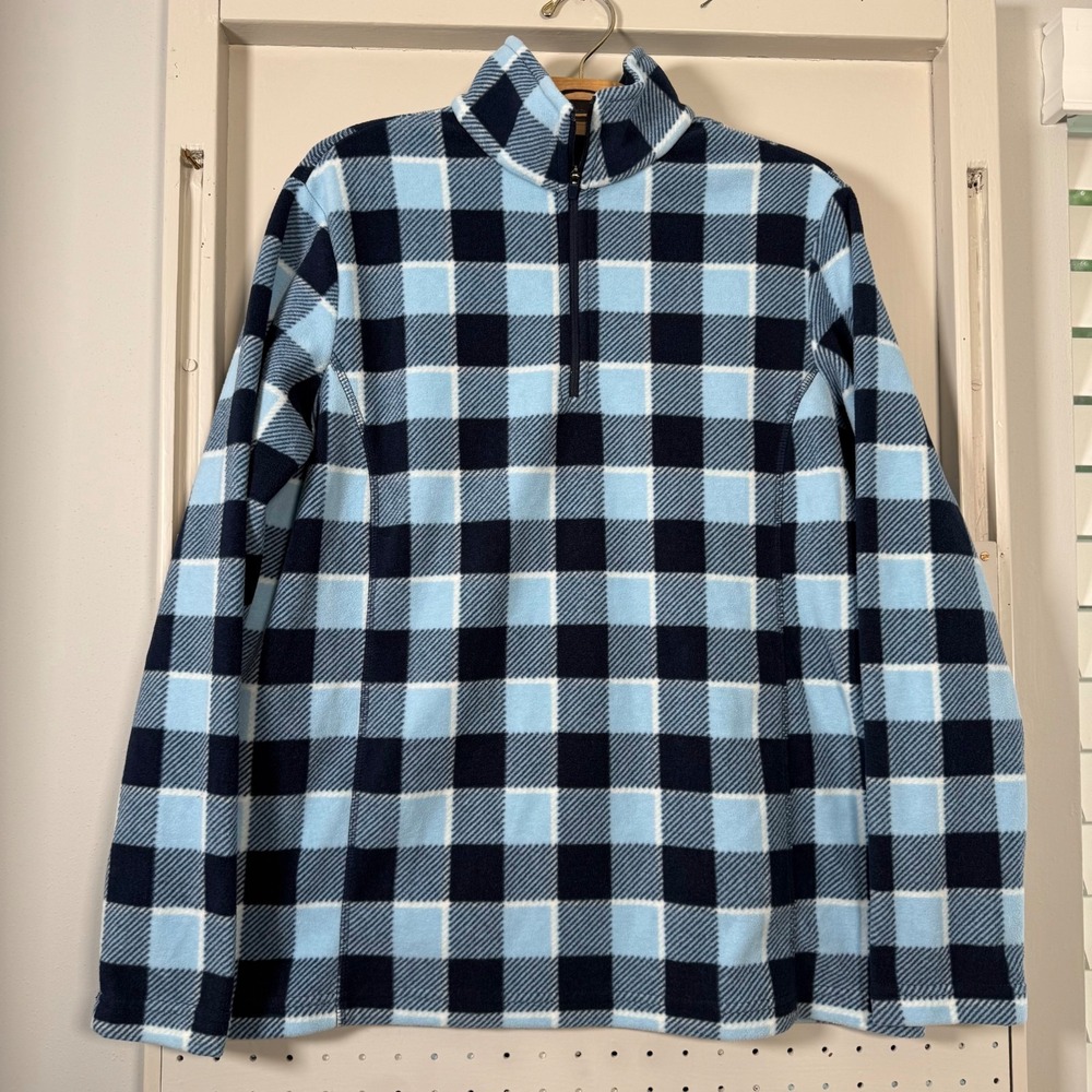 Lands' End Fleece Pullover Women's Blue Plaid Quarter Zip Sweatshirt - S (6-8)